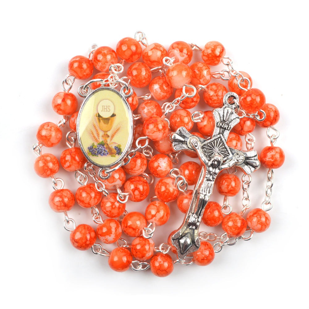 Orange Glass Beads Holy Communion Rosary