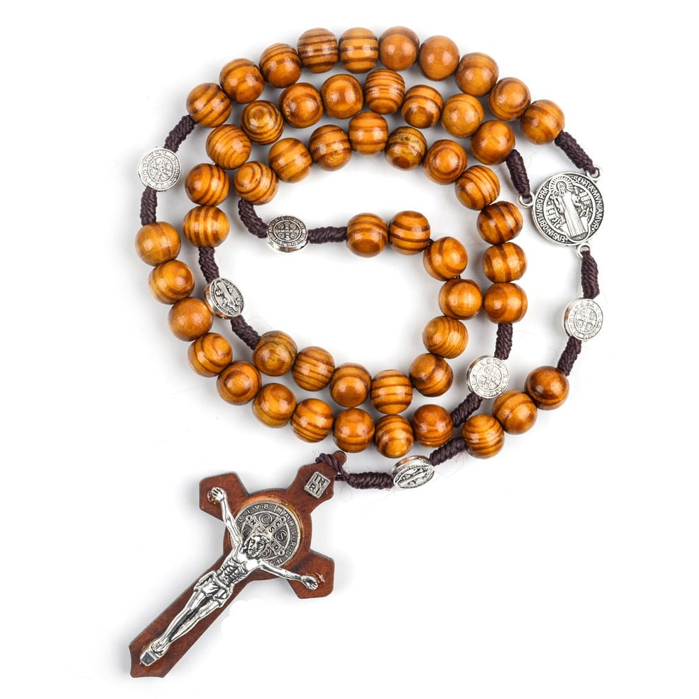 Wooden Beads Rosary With St Benedict Medal